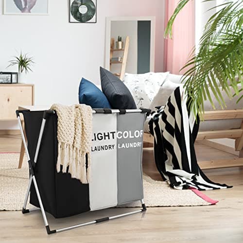 3 Section Foldable Aluminum Laundry Hamper with Mesh Cover (White+Grey+Black)