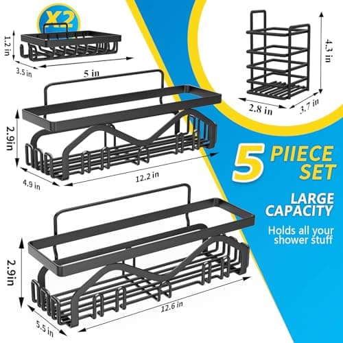 Coraje 5-Pack Adhesive Shower Organizer, Large Capacity, Rustproof (Black)