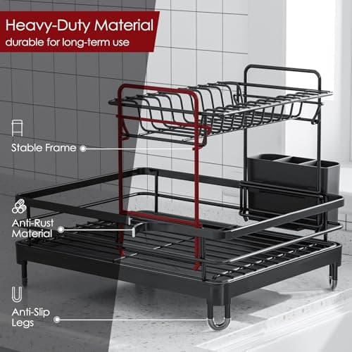 X-Large Stainless Steel Dish Drying Rack, 2-Tier Kitchen Organizer, Black