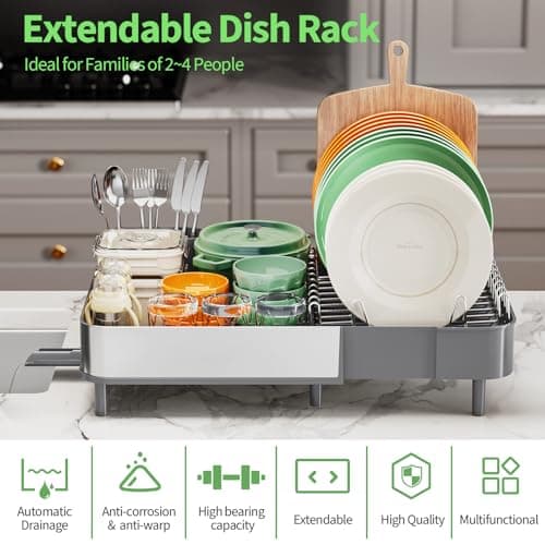 Expandable 304 Stainless Steel Dish Drying Rack, Foldable with Cutlery Holder, Gray Kitchen Rack