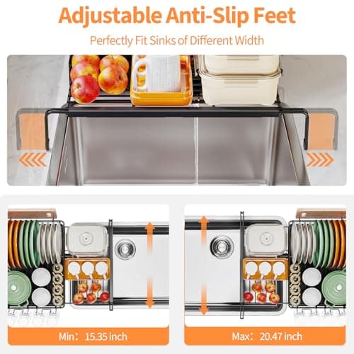 Expandable 2-Tier Dish Rack with Drainboard & Cup Holder for Kitchen Counter, Black