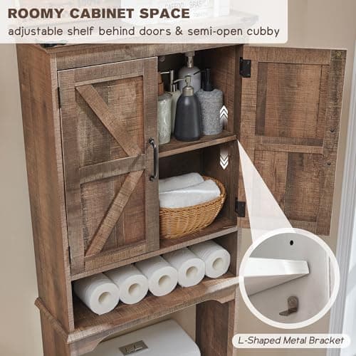 Rustic Brown Over the Toilet Cabinet, 67" Tall, Adjustable Shelf, Barn Door