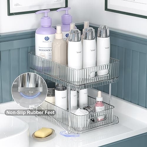 Fowooyeen 2 Pack Clear Under Sink Organizers, 2 Tier Pull Out Cabinets for Kitchen and Bathroom Storage