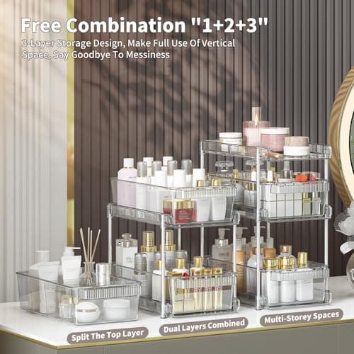 3-Tier Pull-Out Bathroom Organizer with 6 Dividers & 2 Cups
