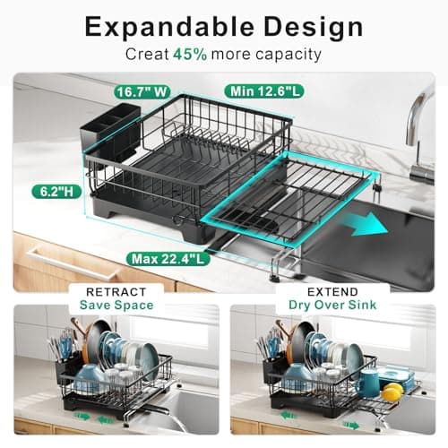GSlife Expandable 2-in-1 Dish Drying Rack with Drainboard, Black
