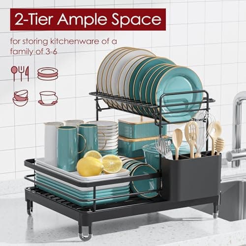 X-Large Stainless Steel Dish Drying Rack, 2-Tier Kitchen Organizer, Black