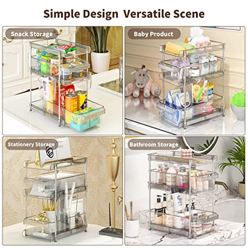 3-Tier Pull-Out Bathroom Organizer with 6 Dividers & 2 Cups