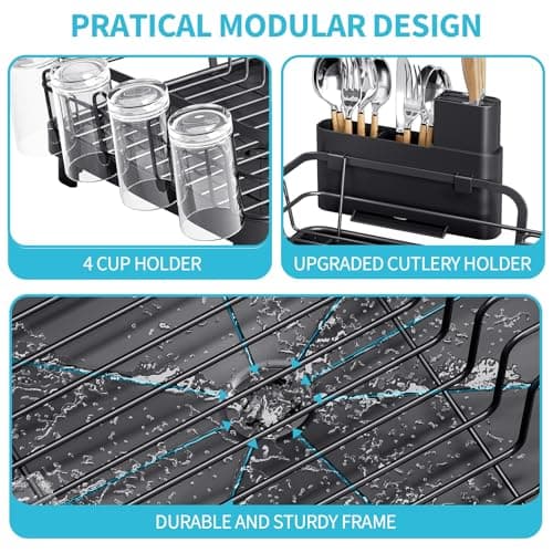 Black Multifunctional Kitchen Dish Drying Rack with Drain Board