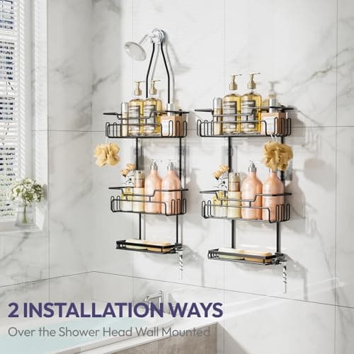 SWTYMIKI 3-Tier Over Shower Head Organizer - Black, 16 Hooks, Anti-Swing, Rustproof