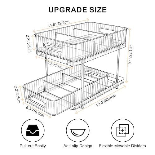 Fowooyeen 2 Pack Clear Under Sink Organizers, 2 Tier Pull Out Cabinets for Kitchen and Bathroom Storage