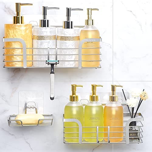 Rustproof Stainless Steel Shower Organizer, Soap Dish & 4 Hooks, Adhesive Mount No Drill Shelf Basket Accessories