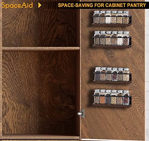 SpaceAid Spice Rack Organizer (4 Pack) for Cabinets or Wall with Labels - Wood Seasoning Shelf for Pantry