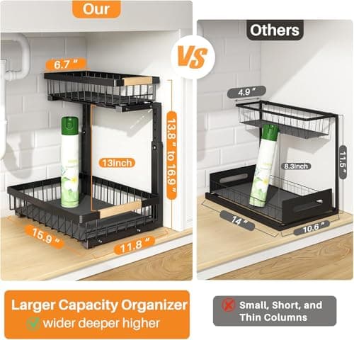 PXRACK Large Under Sink Organizer, Black, 2-Tier Slide Out, Black, 1 Pack