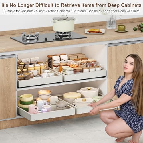 Expandable 2PC Cabinet Organizer, White, Adhesive Sliding Drawers, 14"-21" W, 17"-24" D