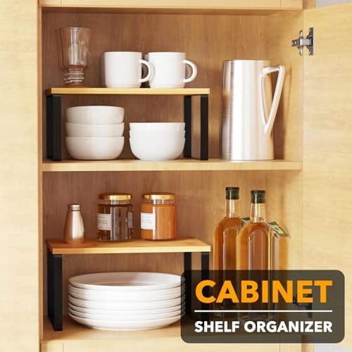SpaceAid 2 Pack Kitchen Counter Shelf Organizers, Stackable Spice Racks (Black and Natural, Short)