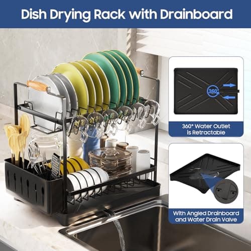 Black 2-Tier Kitchen Drying Rack with Drainboard and Cutlery Holder