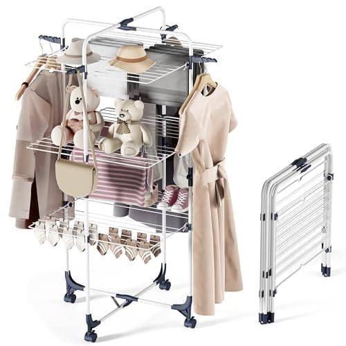 APEXCHASER 3-Tier Collapsible Laundry Rack with Wheels & Hooks, White