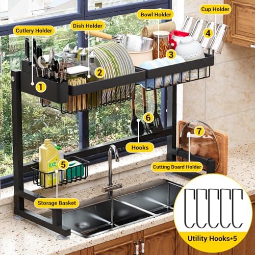 Expandable Over-Sink Dish Drying Rack - Snap-On Design, 24" - 35.5" L x 12" W x 19" - 22" H