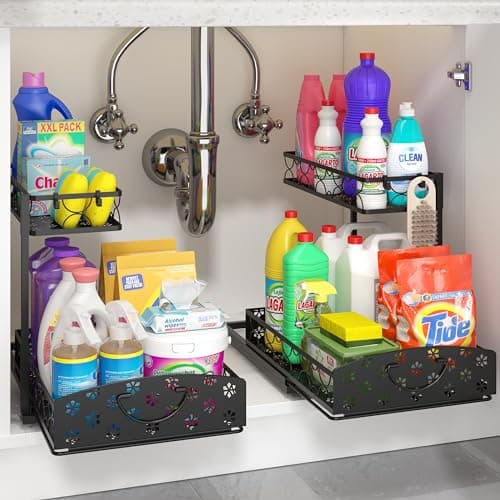 2 Pack Under Sink Organizer, Black: Hooks & Cups for Multi-Purpose Storage