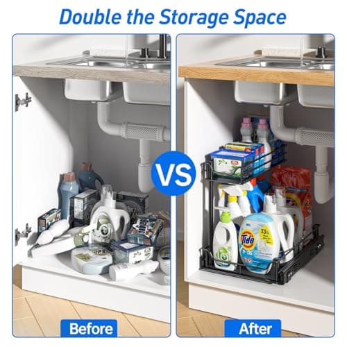 LAMU Under Sink Organizer with Upgraded Slides for Kitchen and Bathroom Storage
