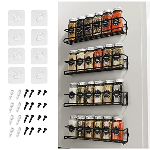 Wall-Mounted 4-Piece Spice Rack Organizer for Jars and Seasonings, Screw or Adhesive Installation for Kitchen Cabinet or Pantry Door