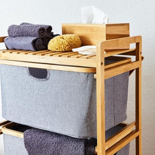 Bamboo 3-Tier Pull-Out Hamper Organizer with Towel Cabinet Handle