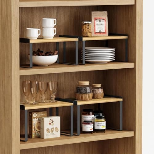 Bamboo & Black Expandable Kitchen Cabinet Organizer Set of 4 Shelves
