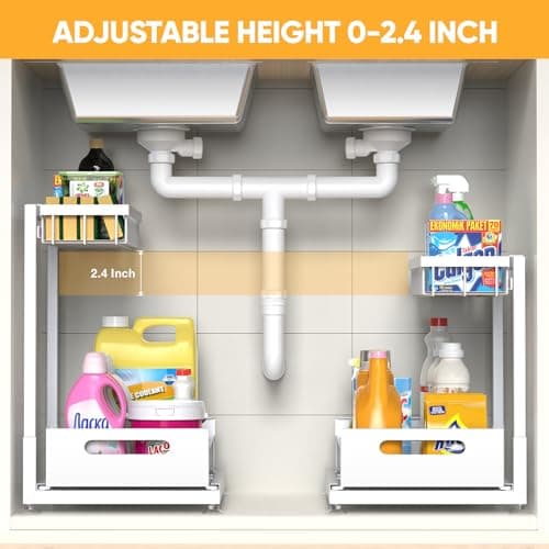 Under Sink Storage Racks 2-Tier Height Adjustable White | Kitchen & Bathroom Organizers