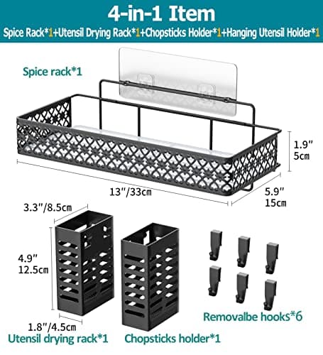 Wall-Mounted Spice Rack with Utensil Holder for Kitchen, Black