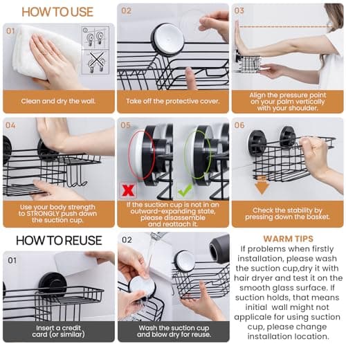 Leverloc No-Drilling Rustproof Black Bathroom Shower Caddy & Hooks, 2 Pack