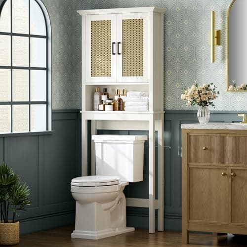 Thick Frame Over Toilet Storage Cabinet with Doors, Cream White