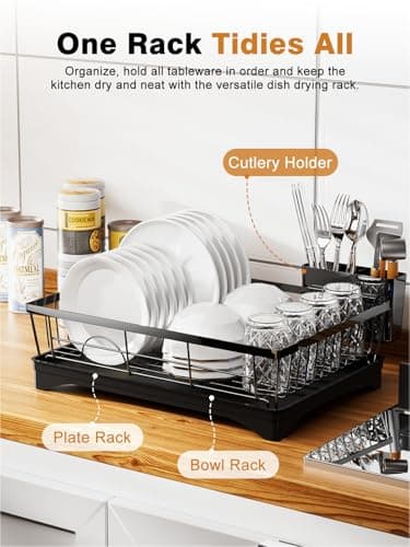 Super Spacious & Compact Kitchen Dish Drying Rack, 360° Rotary Spout, Rustproof Black Organizer