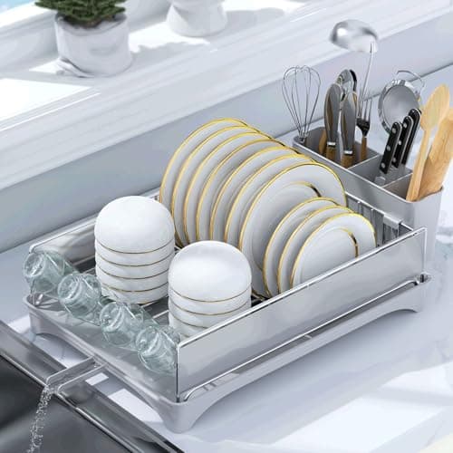 Black Kitchen Counter Dish Drying Rack with Drain & Cutlery Holder