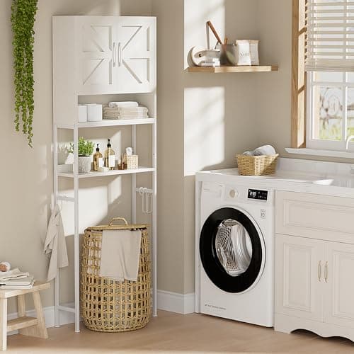 Narrow Farmhouse Toilet Cabinet with Doors 71" Tall Distressed White