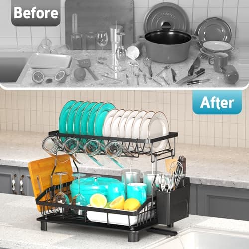 2-Tier Large Capacity Dish Drying Rack with Drainboard & Removable Utensil Holder, Black