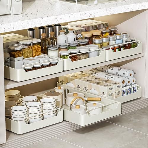 Pull Out Cabinet Organizer with Adhesive Nano Film - Heavy Duty Sliding Drawer Shelf for Kitchen and Home