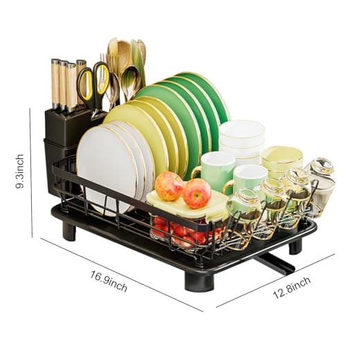 Large Drainboard Rack for Kitchen Counter - 4 Slots, Knife Fork Holder, Cup Organizer, Durable Black Steel
