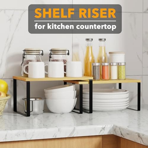 SpaceAid 2 Pack Kitchen Counter Shelf Organizers, Stackable Spice Racks (Black and Natural, Short)