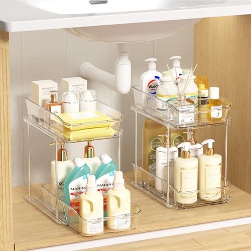 LAMU 2-Pack Clear Bathroom Storage, 2-Tier Pull-Out Sink Organizers with Drawers & Dividers
