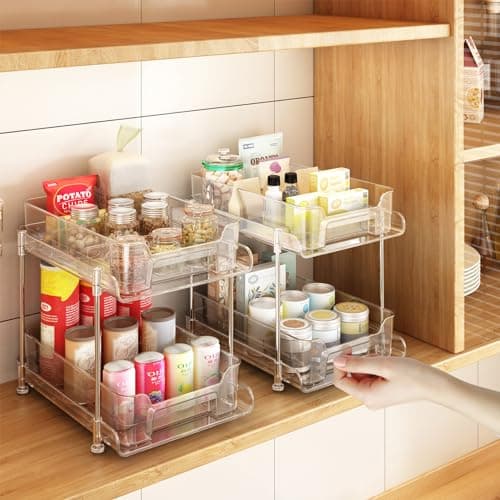 Under Sink Organizer Set: 2 Stackable Clear Bathroom Storage Drawer Bins with Dividers for Kitchen, Pantry, and Closet