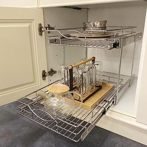 14" W x 21" D Chrome 2-Tier Slide-Out Drawer Organizer for Kitchen, Bathroom, Pantry