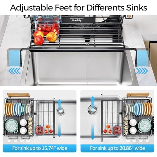Extendable Kitchen Dish Drying Rack, Black, 2-in-1 Expandable Over Sink Strainer & Drainer