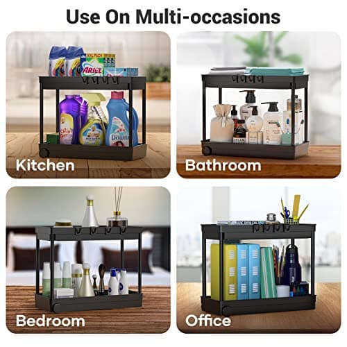 2 Pack Under Sink Organizer - 2 Tier Bathroom and Kitchen Storage Baskets with Hooks, Black