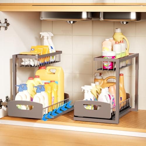 2 Pack Under Sink Metal Cabinet Organizer Shelf with Sliding Drawer, Kitchen & Bathroom Storage