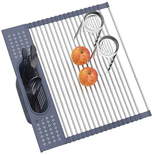 LEMIKKLE Space-Saving Expandable Dish Drying Rack with Cutlery Holder - Grey