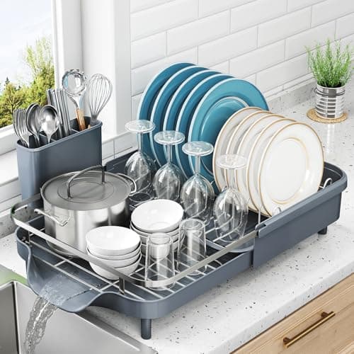 Expandable Stainless Steel Dish Drying Rack with Drainboard & Utensil Holder (Black)