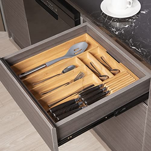 Expandable Bamboo Silverware Drawer Organizer for Kitchen