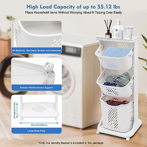 3-Tier White/Natural Water Hyacinth Laundry Basket - Storage Organizer with Wheels