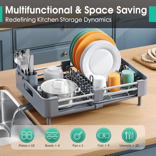 Extendable Gray Dish Drying Rack with Drainboard & Cutlery Holder