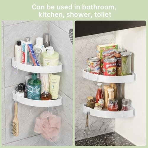 2 Pack Adhesive White Corner Shower Caddy, Rustproof Plastic Shelving with 4 Hooks, Space-Saving Bathroom Organizer